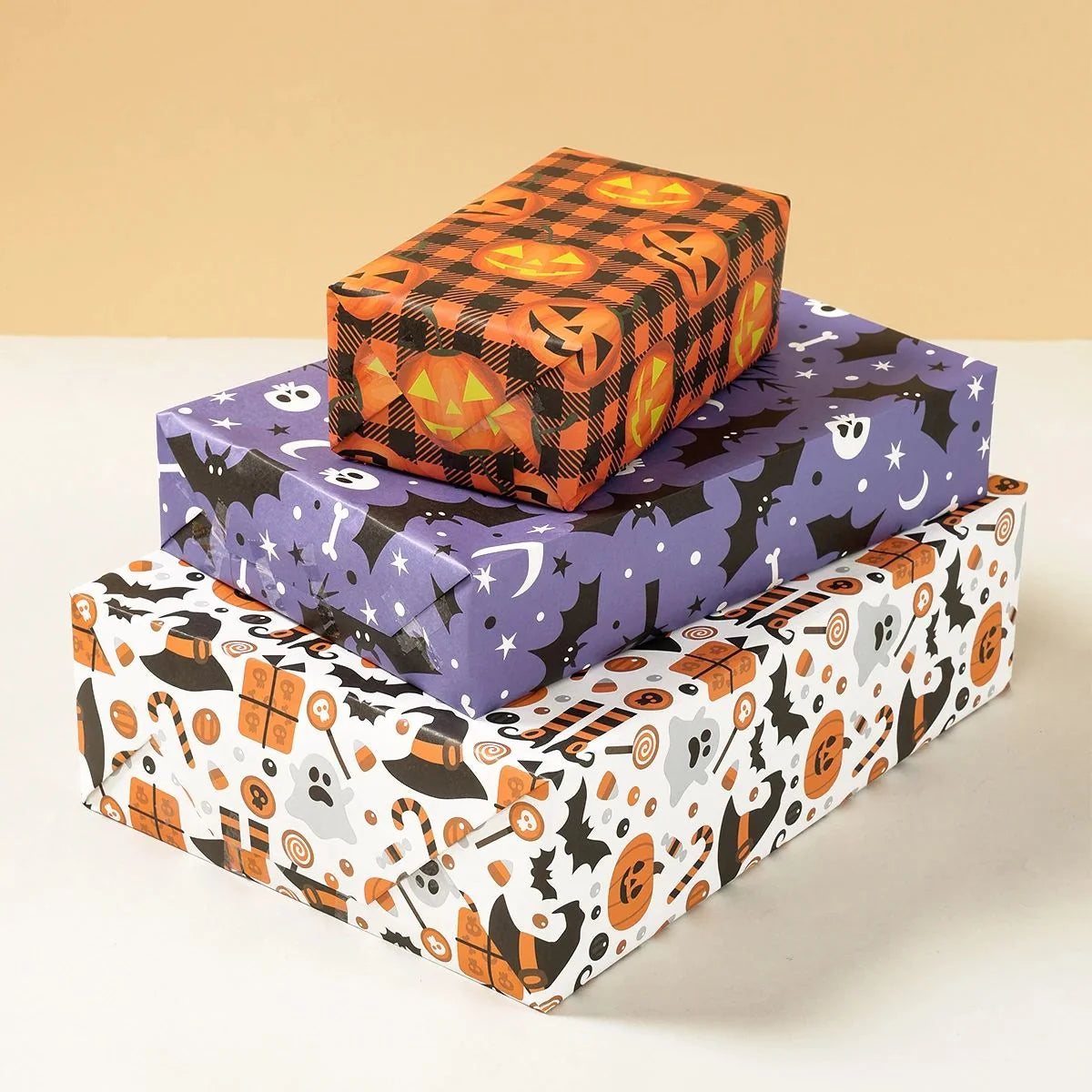 Wrapping Paper Ghosts Pumpkins & Bats Set of 4