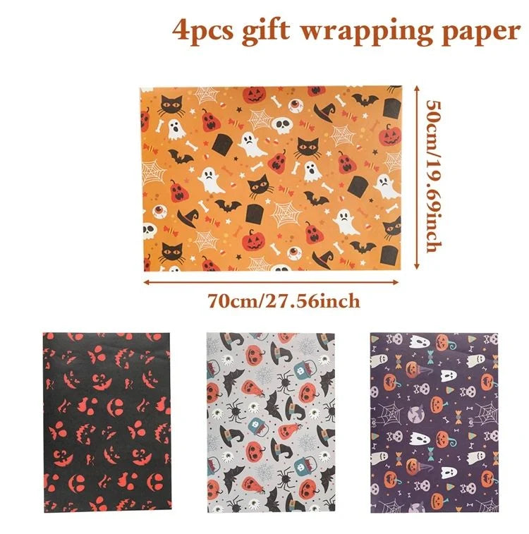 Wrapping Paper Ghosts Pumpkins & Bats Set of 4
