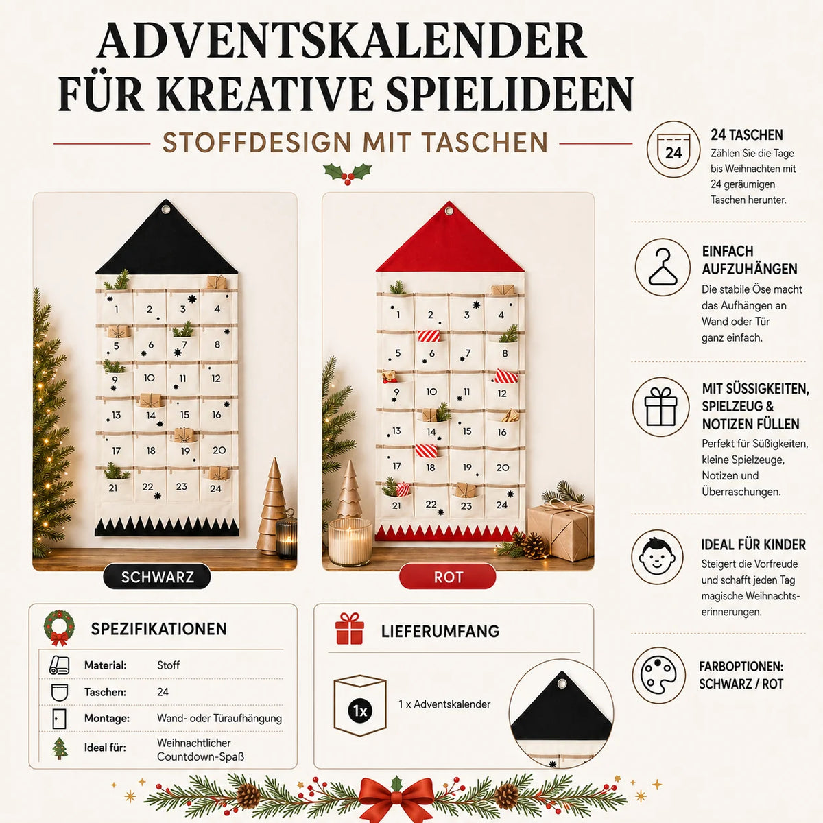Advent Calendar 24 Fabric Pockets Reusable & Foldable