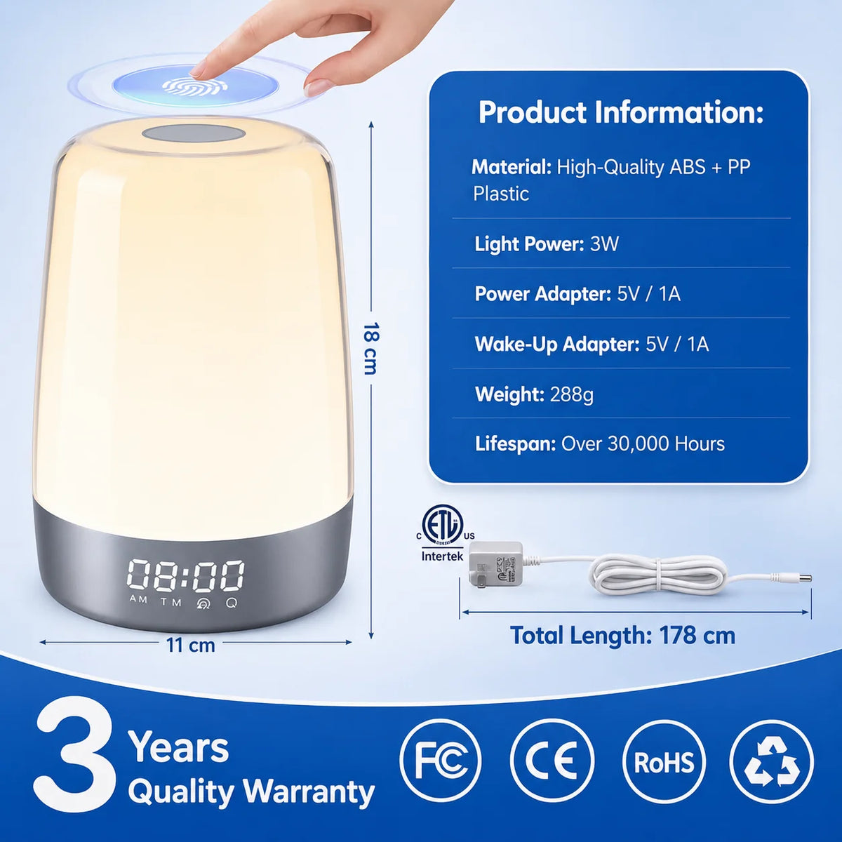 Alarm Clock Sunrise Simulation & Dimmable Night Light