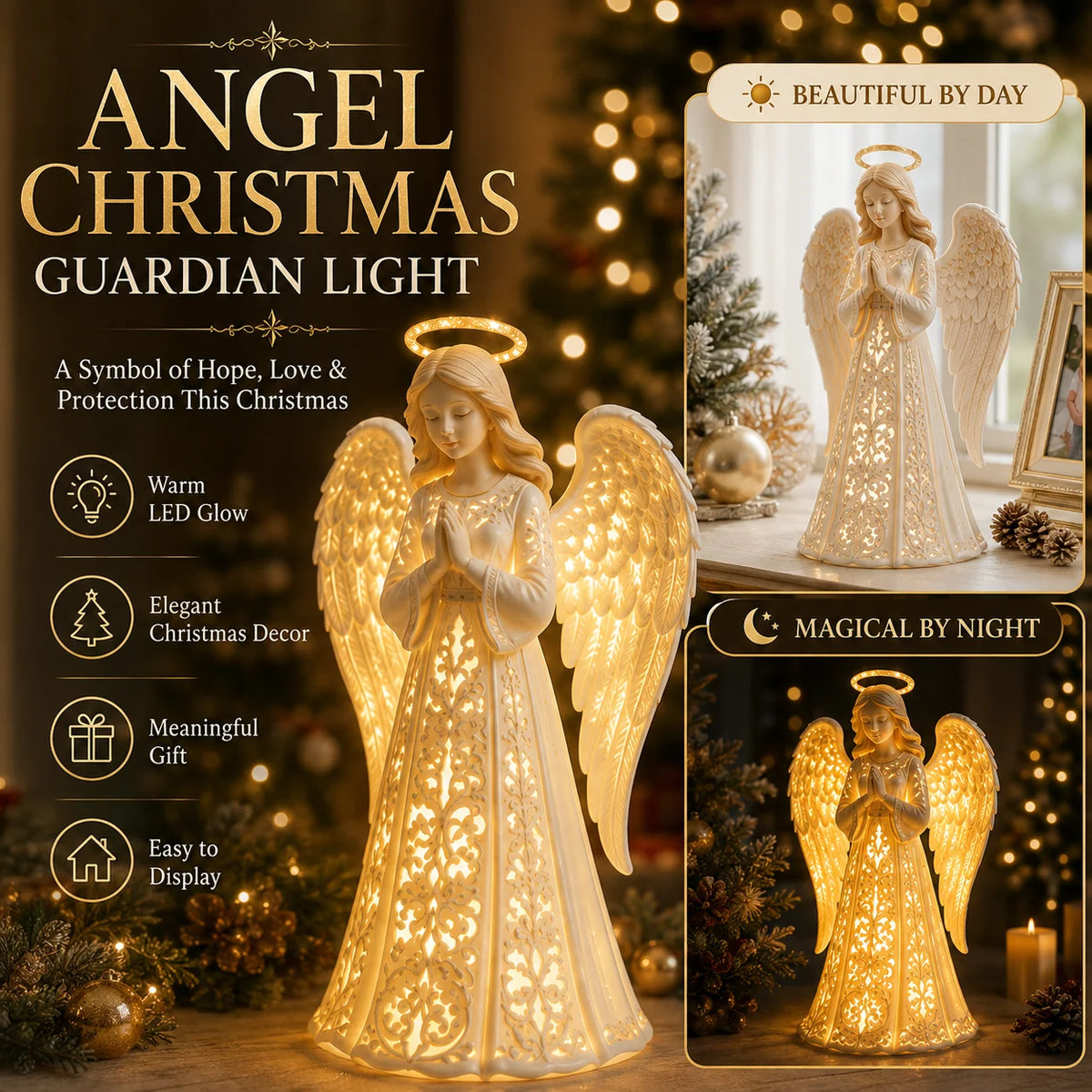 Angel Figurine Warm White LED Battery-Powered 11.8-Inch Tall