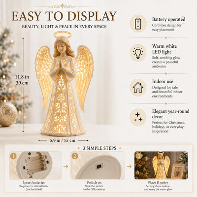Angel Figurine Warm White LED Battery-Powered 11.8-Inch Tall