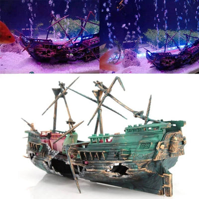 Aquarium Decoration Sunken Boat Built-In Air Tubing