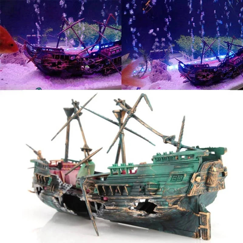 Aquarium Decoration Sunken Boat Built-In Air Tubing