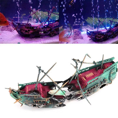 Aquarium Decoration Sunken Boat Built-In Air Tubing