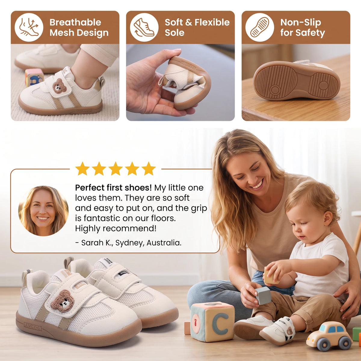 Baby First Walker Shoes Flexible Non-Slip Sole Breathable Upper
