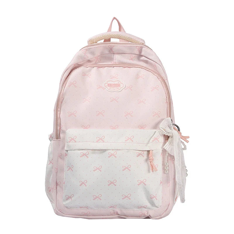 Backpack Bow Print Multiple Compartments Adjustable Padded Straps