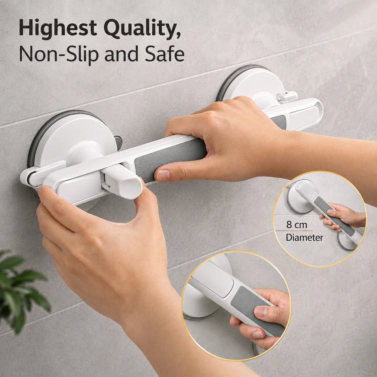 Bath Grab Bar No-Drill Suction Lock Textured Non-Slip Grip