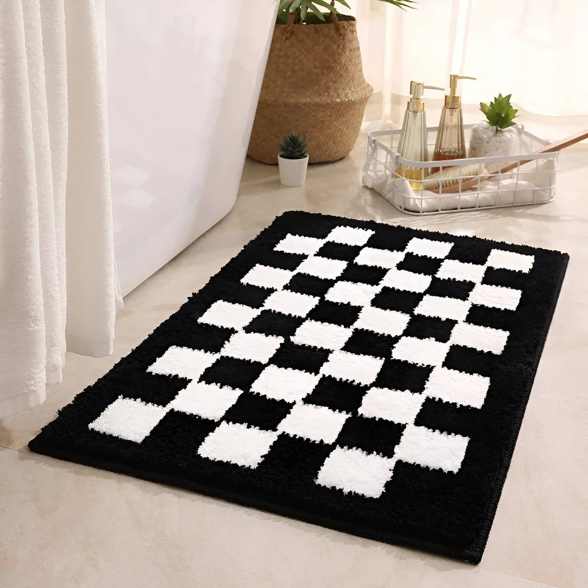 Bath Mat Checkered Microfiber Quick-Drying & Absorbent