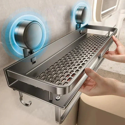 Bathroom Shelf Suction Cup Drill-Free Aluminum Drip Tray & Hooks