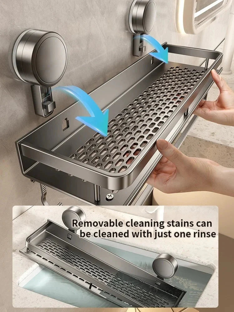 Bathroom Shelf Suction Cup Drill-Free Aluminum Drip Tray & Hooks