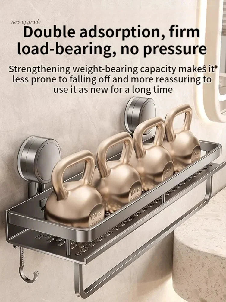 Bathroom Shelf Suction Cup Drill-Free Aluminum Drip Tray & Hooks