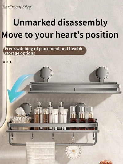 Bathroom Shelf Suction Cup Drill-Free Aluminum Drip Tray & Hooks