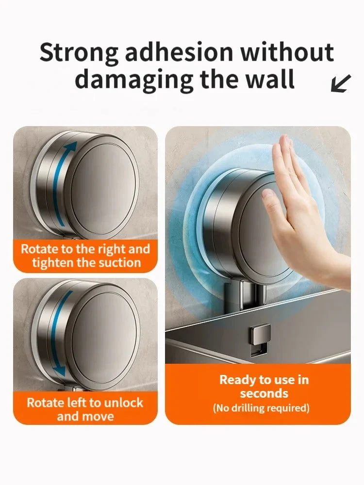 Bathroom Shelf Suction Cup Drill-Free Aluminum Drip Tray & Hooks