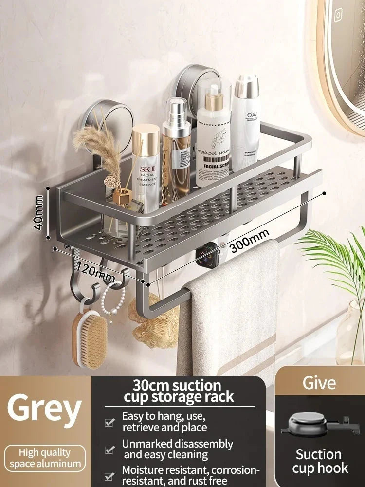 Bathroom Shelf Suction Cup Drill-Free Aluminum Drip Tray & Hooks