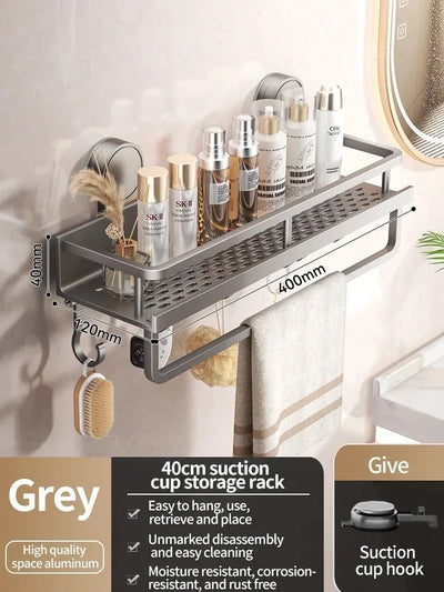 Bathroom Shelf Suction Cup Drill-Free Aluminum Drip Tray & Hooks
