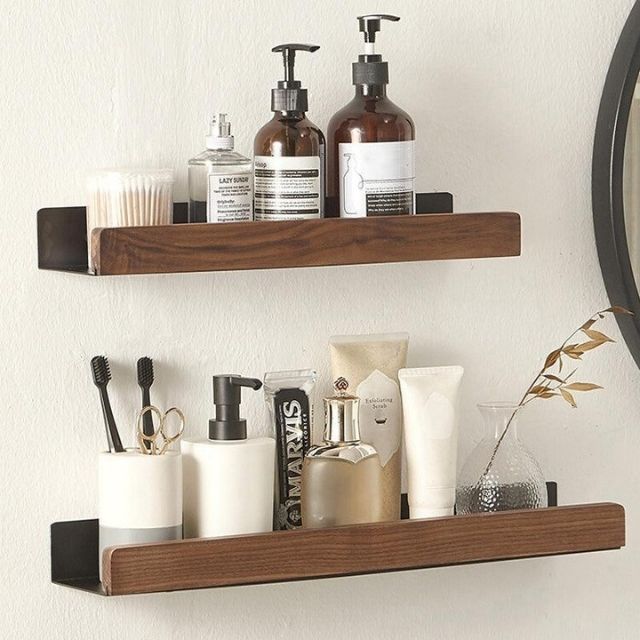 Bathroom Wall Shelf Self-Adhesive Moisture-Resistant Wood Finish