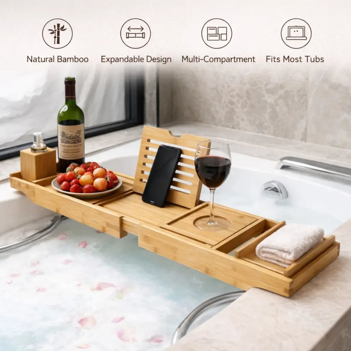 Bathtub Tray Expandable Bamboo Angled Device Holder