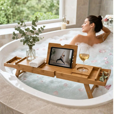 Bathtub Tray Expandable Bamboo Angled Device Holder