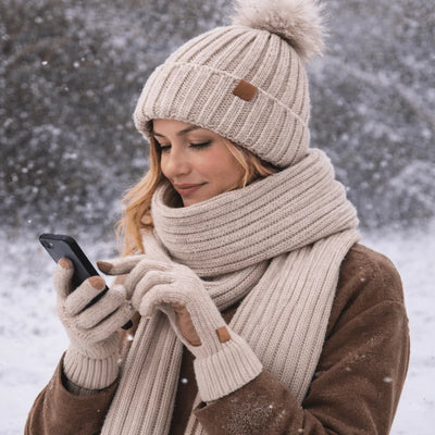 Beanie Scarf & Gloves Set Knitted Touchscreen 3-Piece
