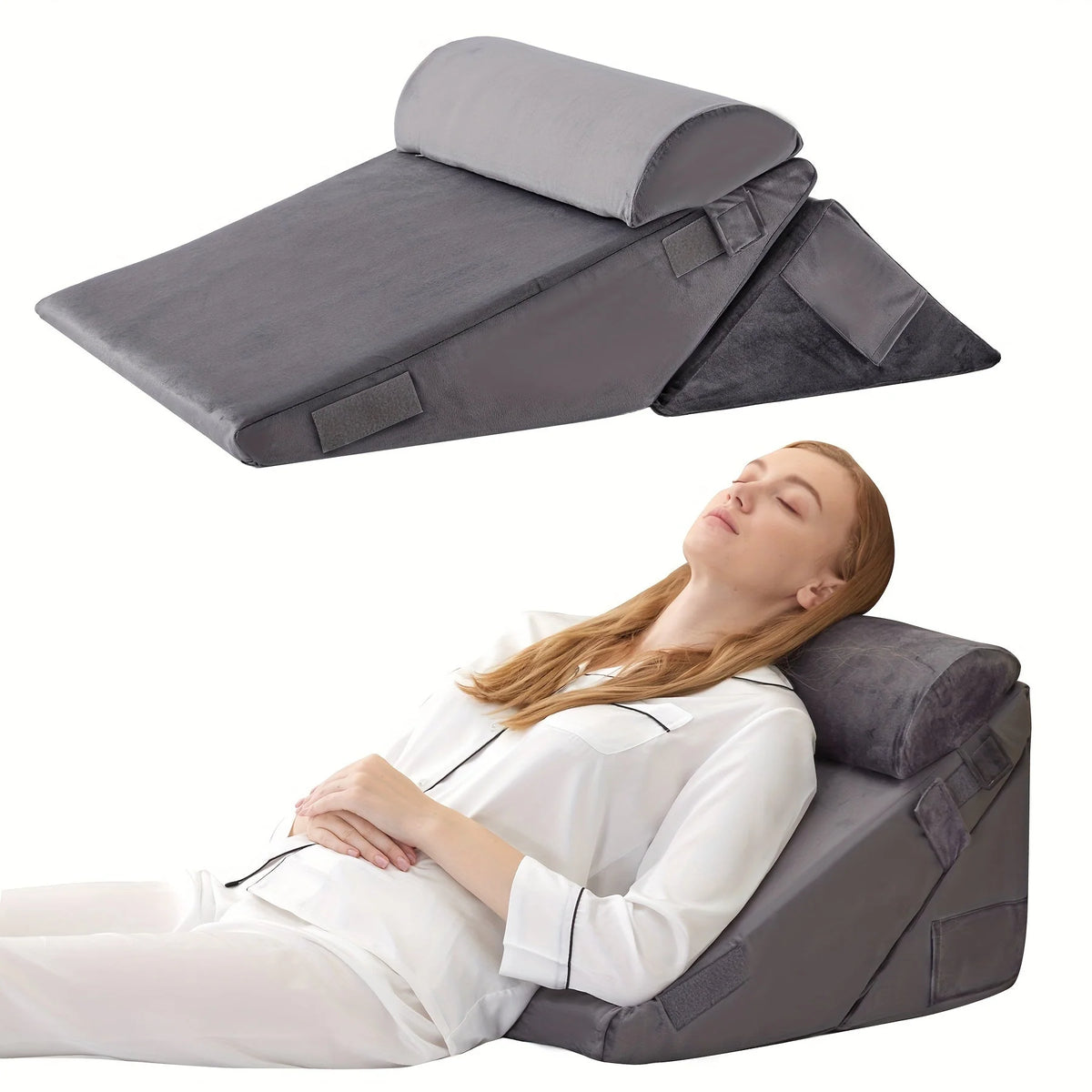 Bed Wedge Pillow Multi-Level Adjustable Neck Roll Removable Cover