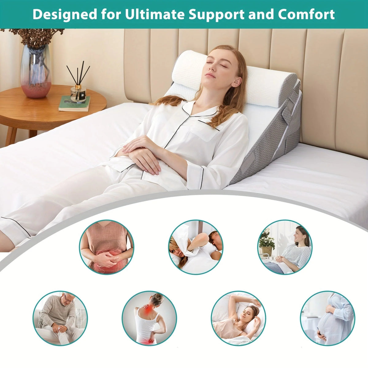 Bed Wedge Pillow Multi-Level Adjustable Neck Roll Removable Cover