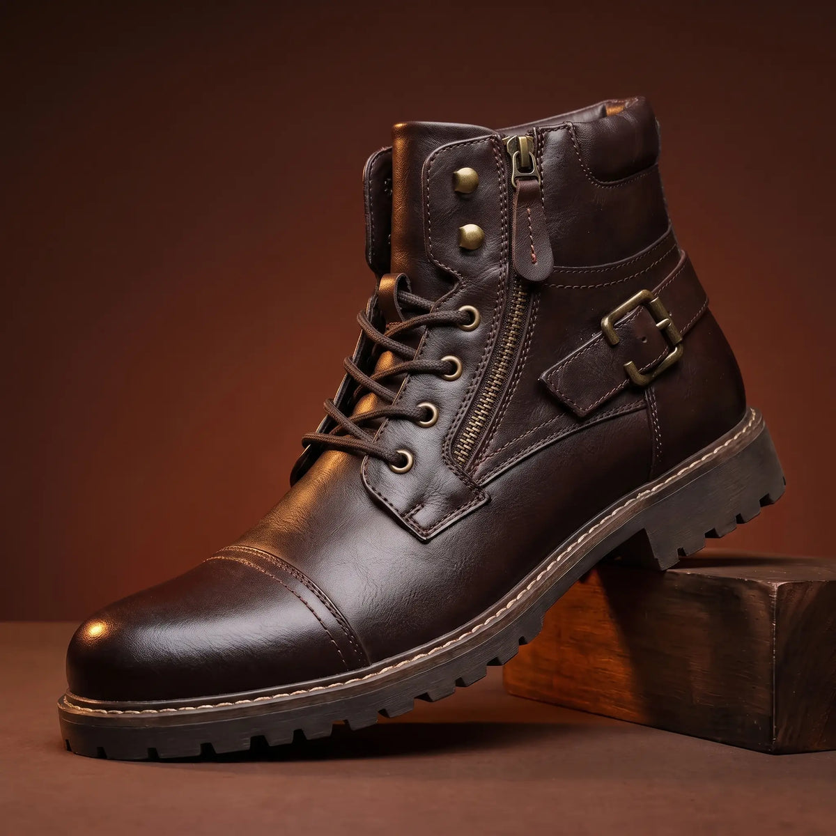 Biker Boots Side Zip Lace-Up Buckle Strap Deep Tread Sole