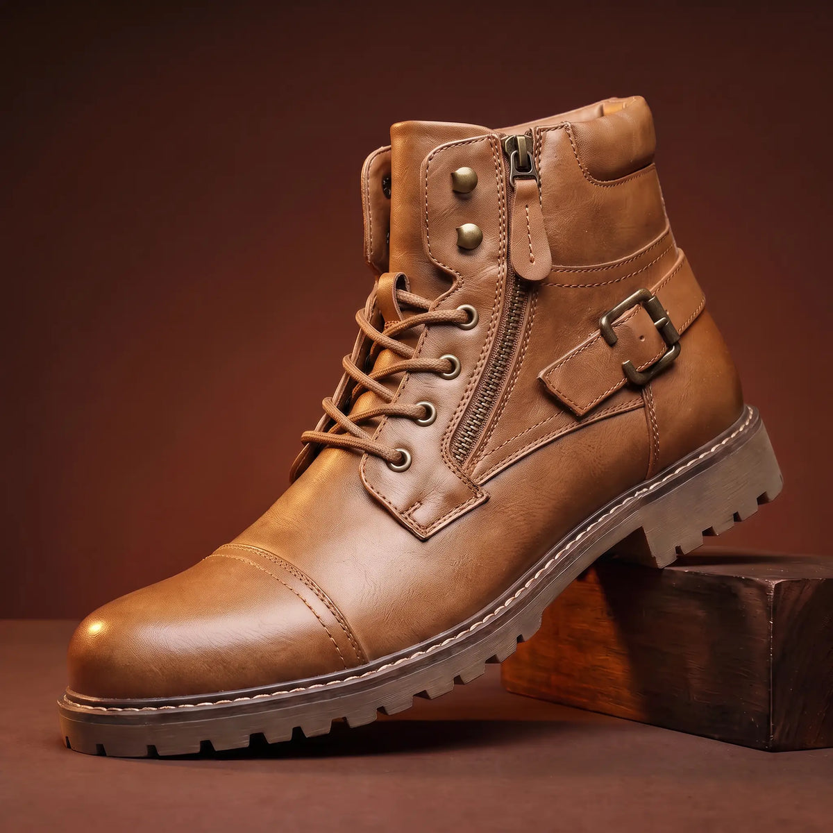 Biker Boots Side Zip Lace-Up Buckle Strap Deep Tread Sole