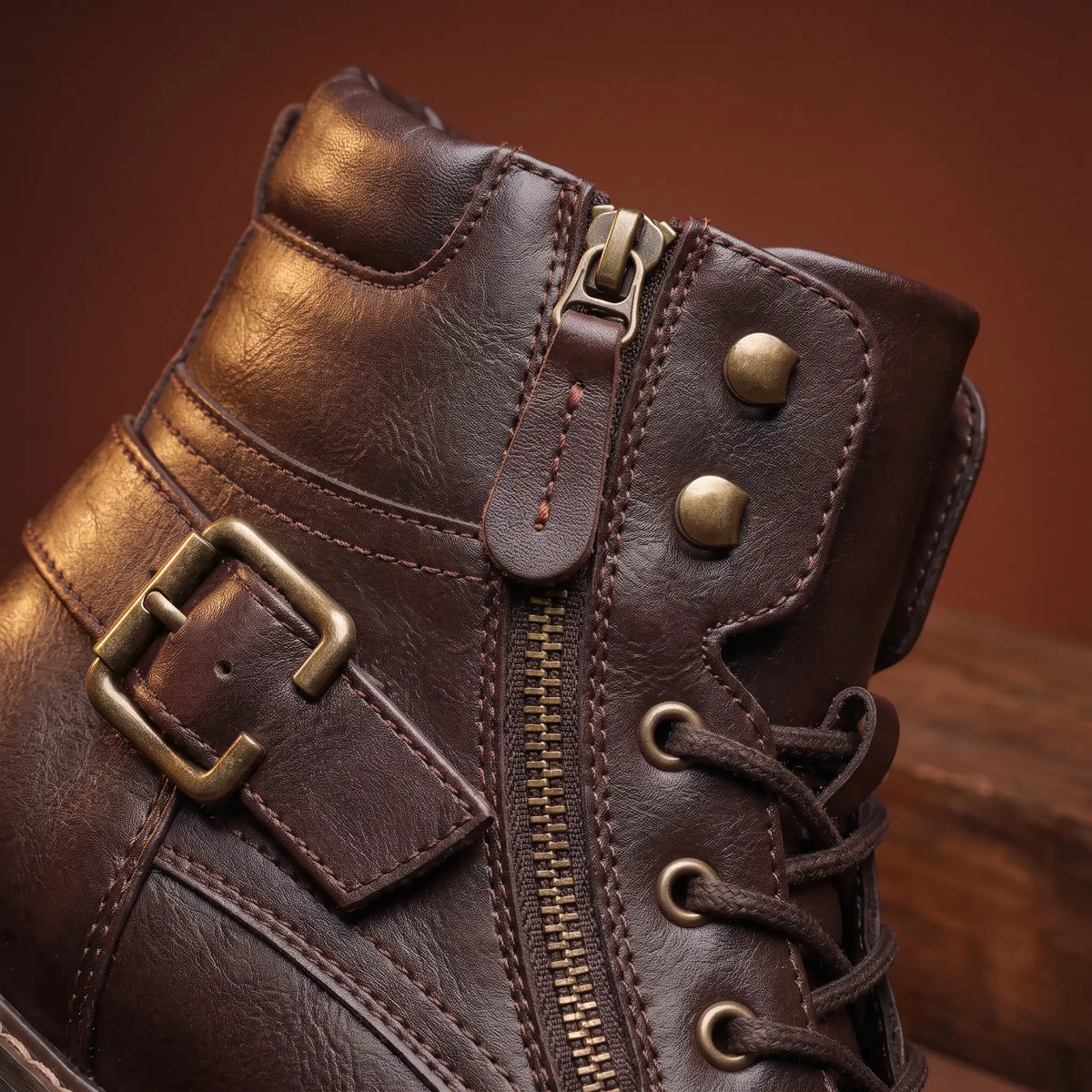 Biker Boots Side Zip Lace-Up Buckle Strap Deep Tread Sole