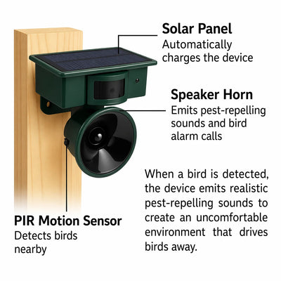 Bird Deterrent Solar-Powered Motion Sensor Natural Predator Calls