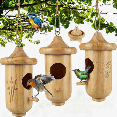 Bird House Pine Wood Hinged Roof Set of 3