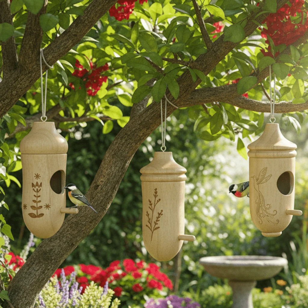 Birdhouse Set Natural Wood Engraved Set of 3