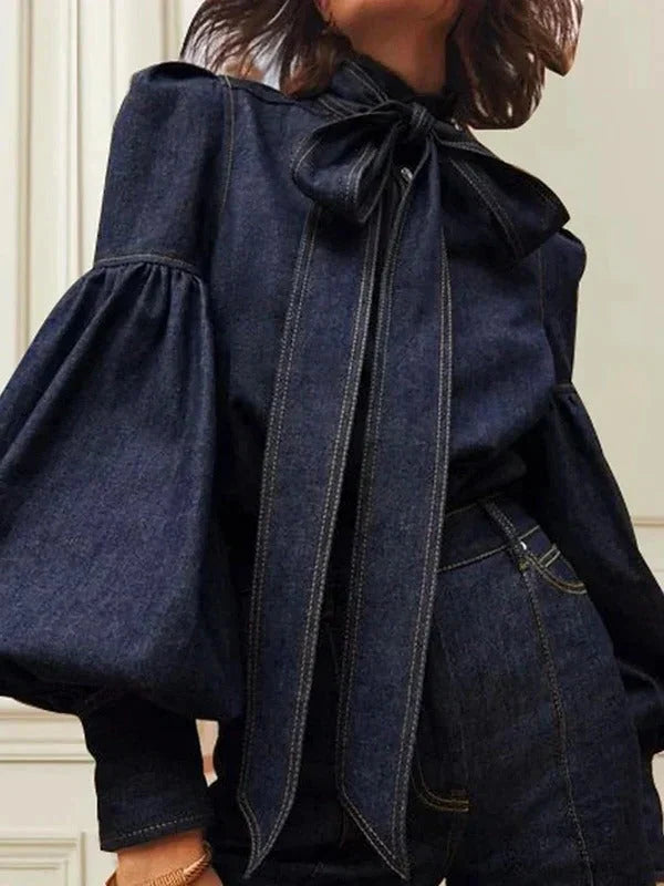 Blouse Fitted Silhouette Long Puff Sleeves Adjustable Neck Tie