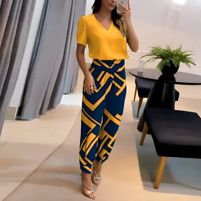 Blouse & Pants Set V-Neck Breathable Wide-Leg