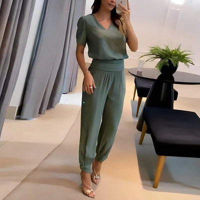 Blouse & Pants Set V-Neck Breathable Wide-Leg