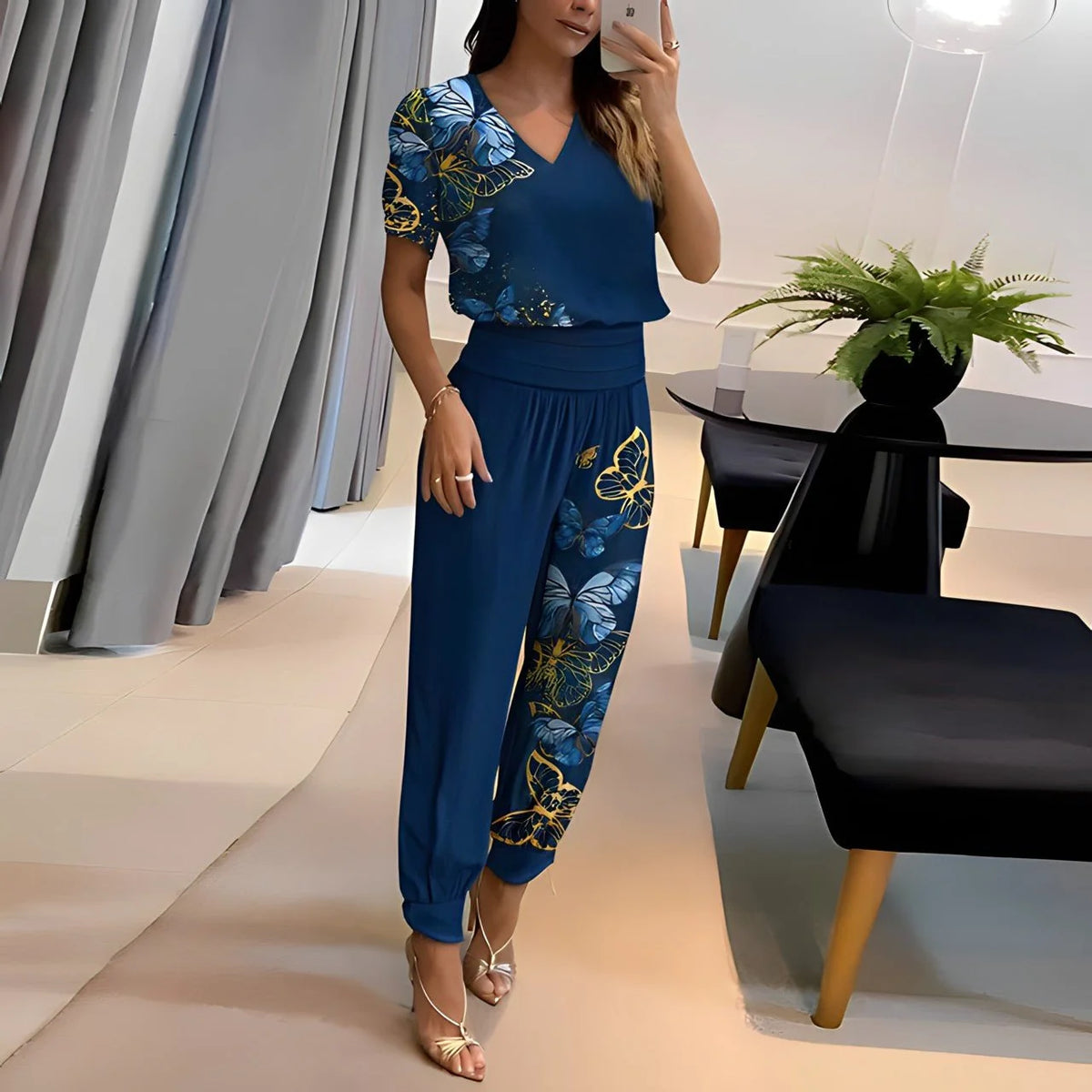 Blouse & Pants Set V-Neck Breathable Wide-Leg