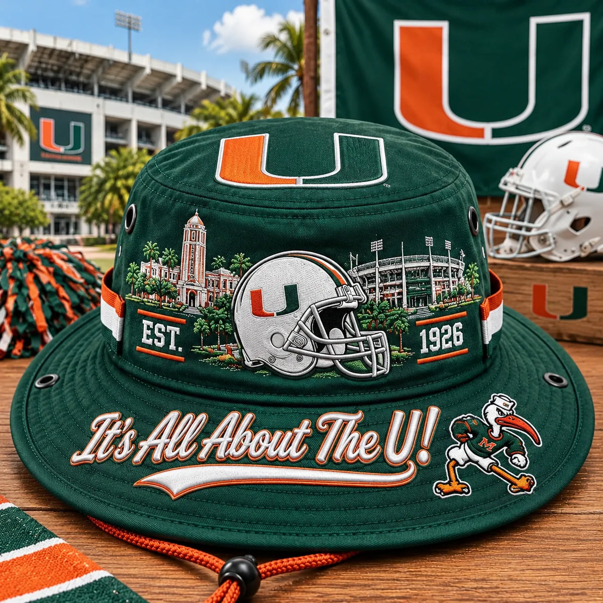 Boonie Hat Football Graphic Wide Brim Adjustable Chin Cord