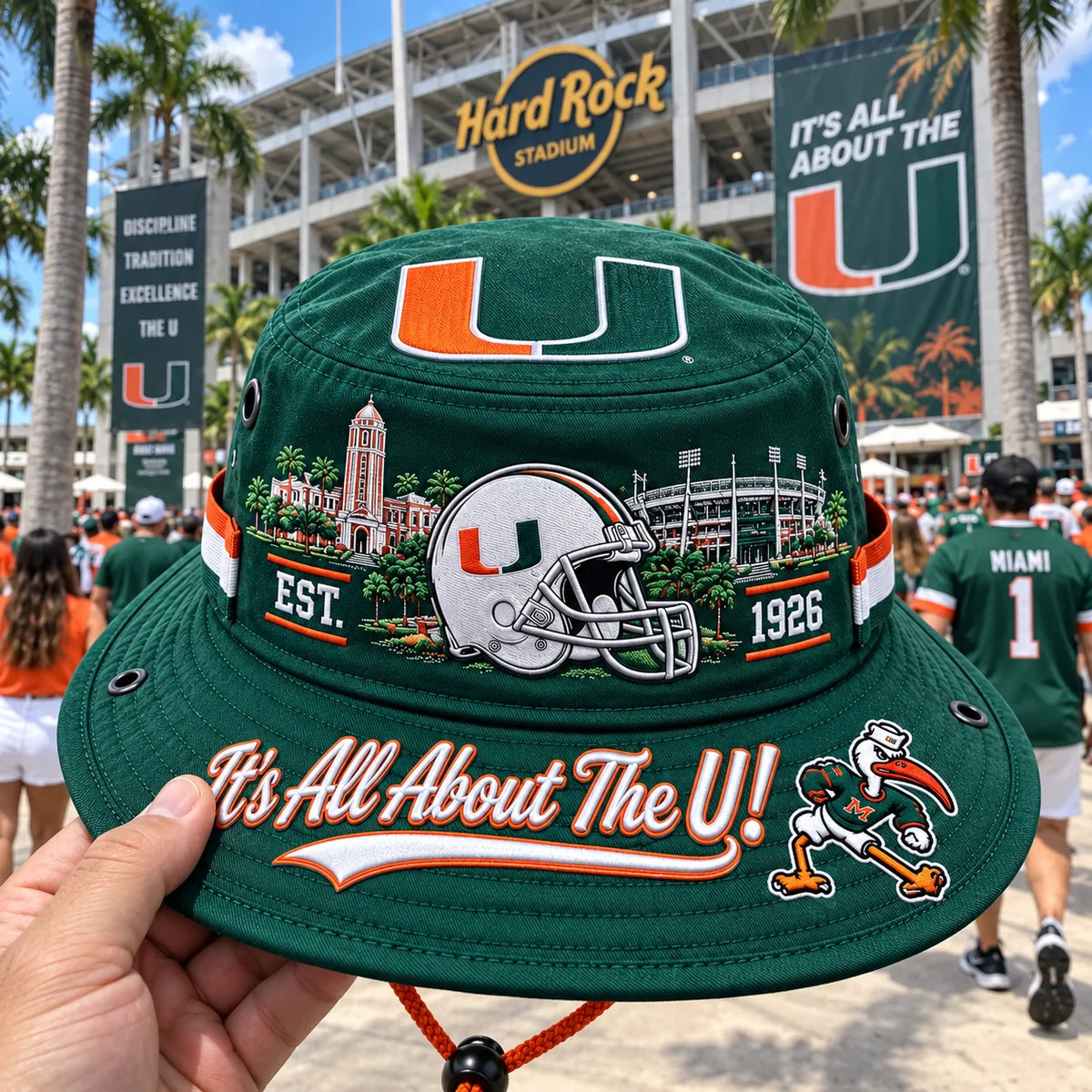 Boonie Hat Football Graphic Wide Brim Adjustable Chin Cord