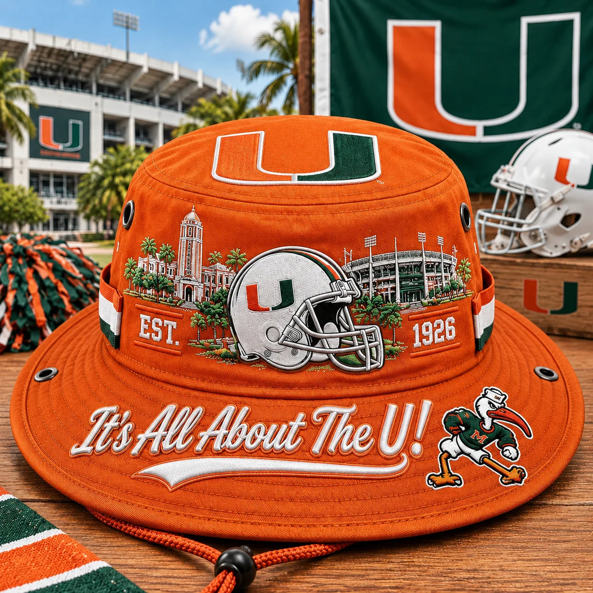 Boonie Hat Football Graphic Wide Brim Adjustable Chin Cord