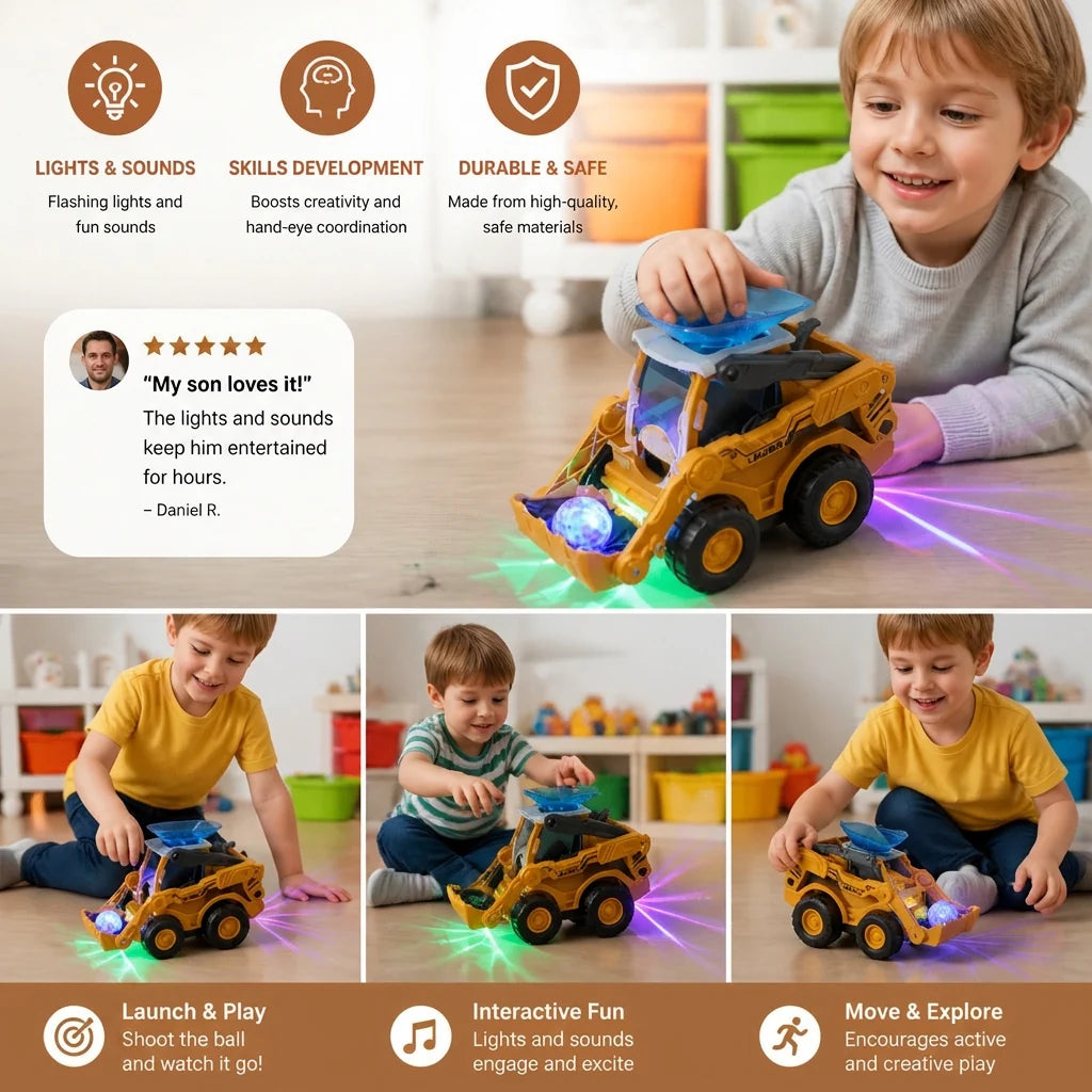 Bulldozer Toy Ball Launcher & Light-Up Lights
