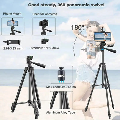Camera Tripod Adjustable Height Wireless Remote Foldable Design