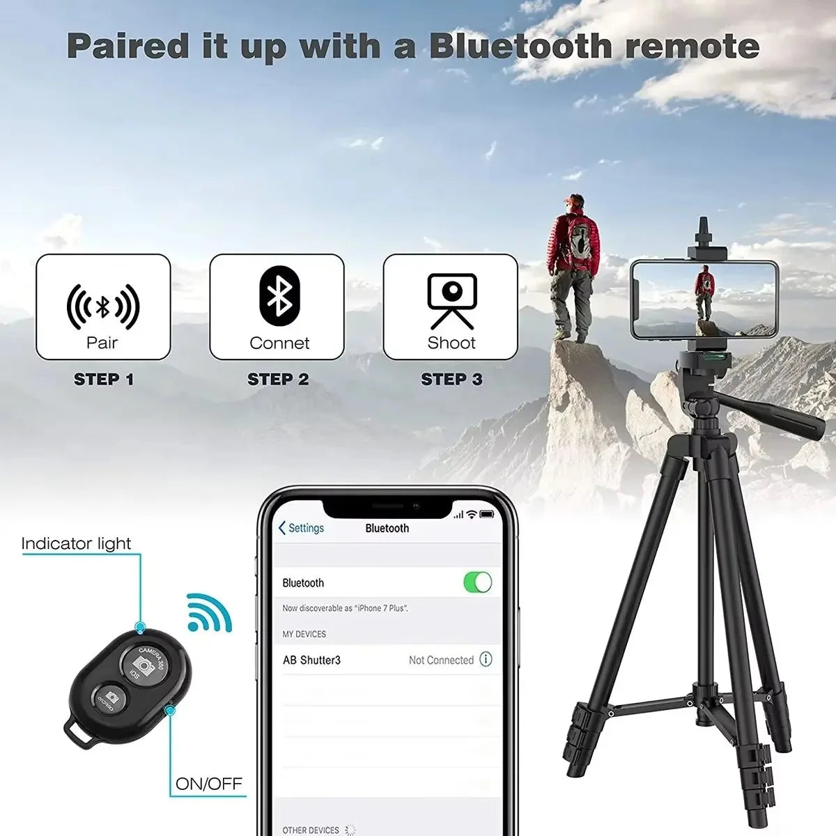 Camera Tripod Adjustable Height Wireless Remote Foldable Design