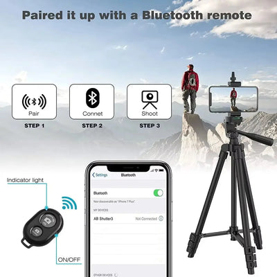 Camera Tripod Adjustable Height Wireless Remote Foldable Design