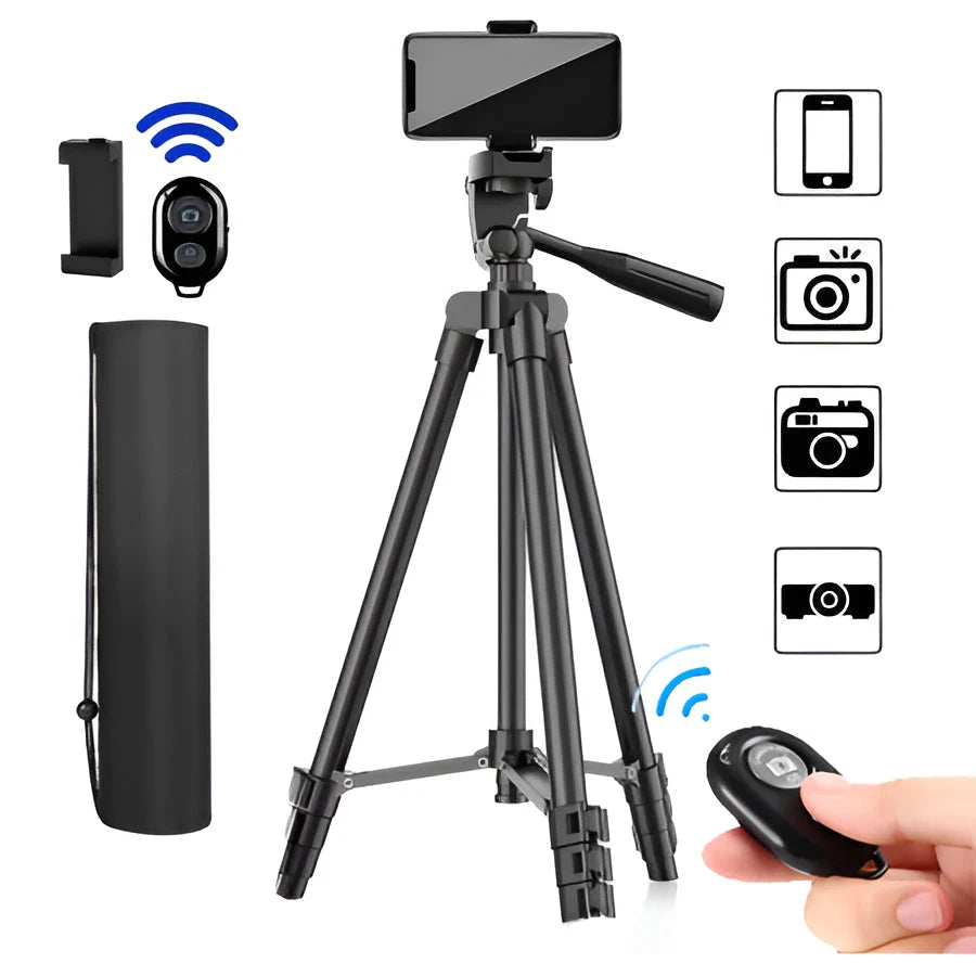 Camera Tripod Adjustable Height Wireless Remote Foldable Design