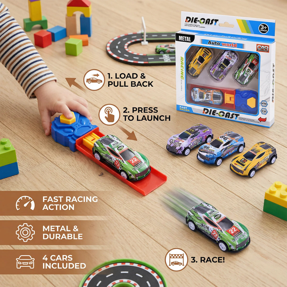 Car Catapult Set Button-Press Launcher Die-Cast Cars