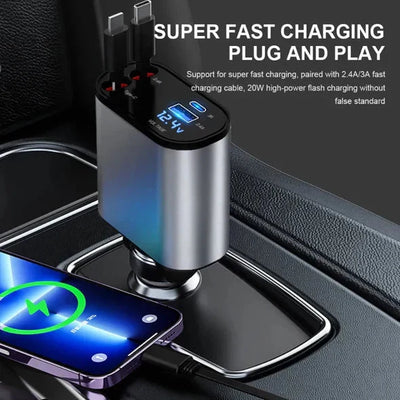 Car Charger Dual Retractable Cables 4 Charging Ports