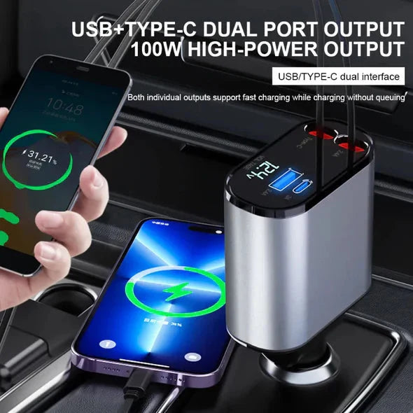 Car Charger Dual Retractable Cables 4 Charging Ports