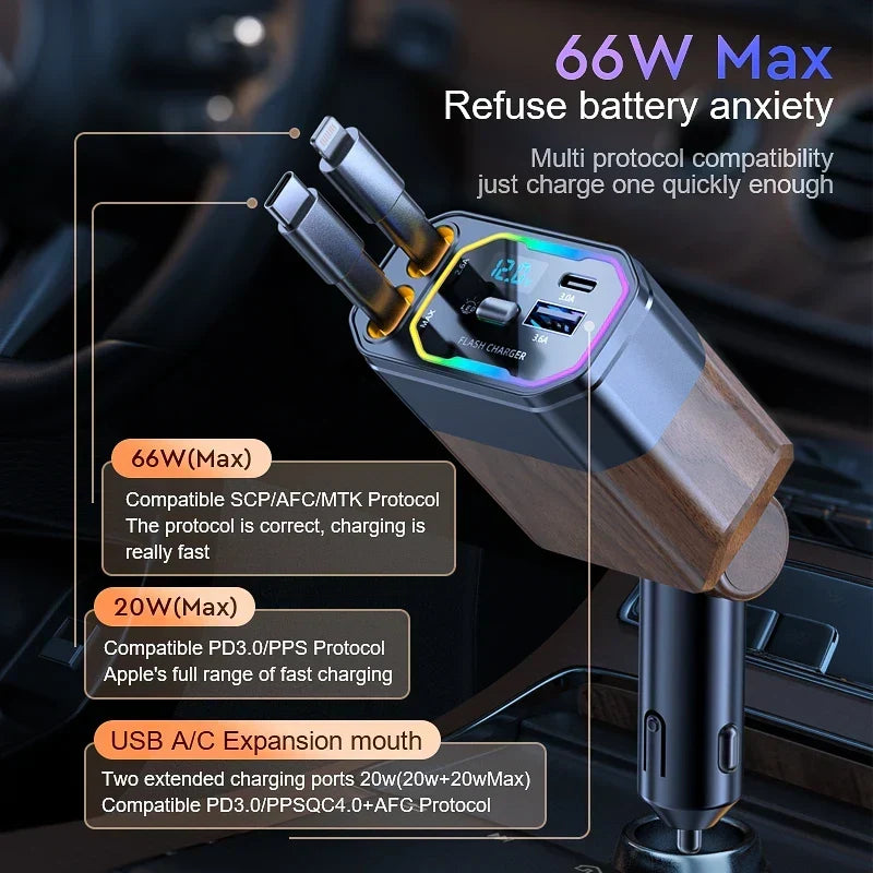Car Charger Retractable USB-C & Multi-Connector 120W