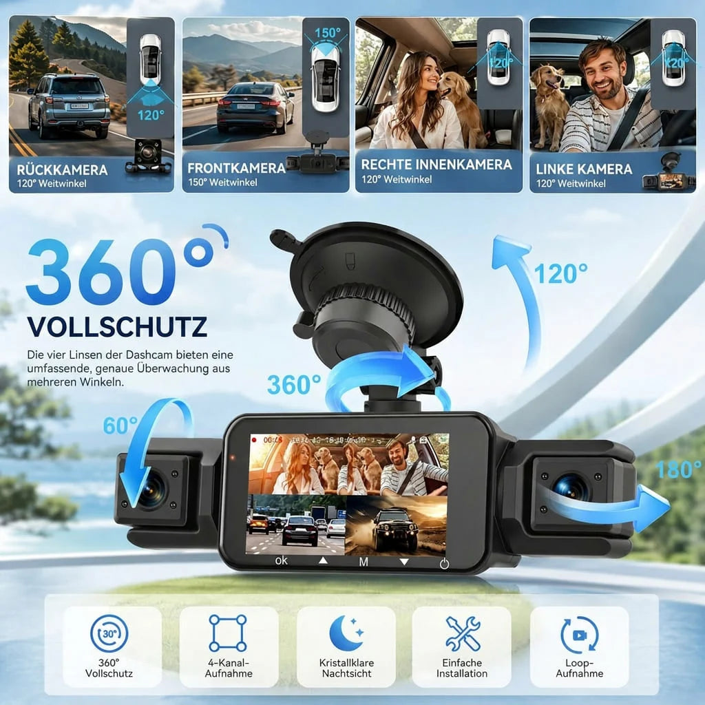 Car Dash Camera 4-Channel 1920P Night Vision