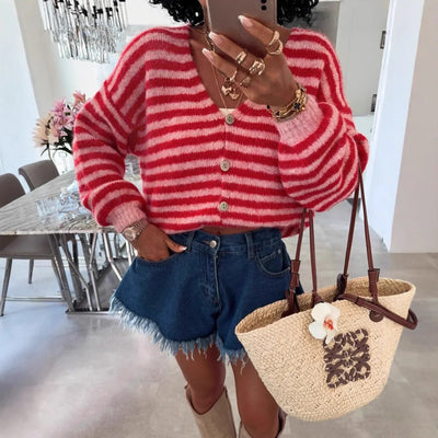 Cardigan Oversized Striped V-Neck Button Front